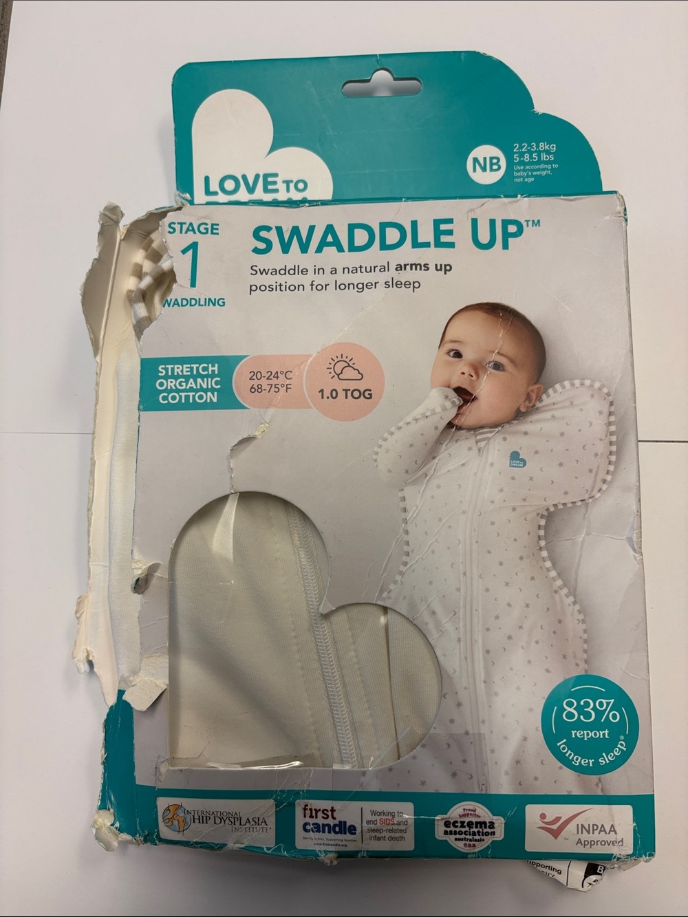 Love to Dream Swaddle Up One-Piece in White with Gray Star Print NB 5-8.5 lbs.